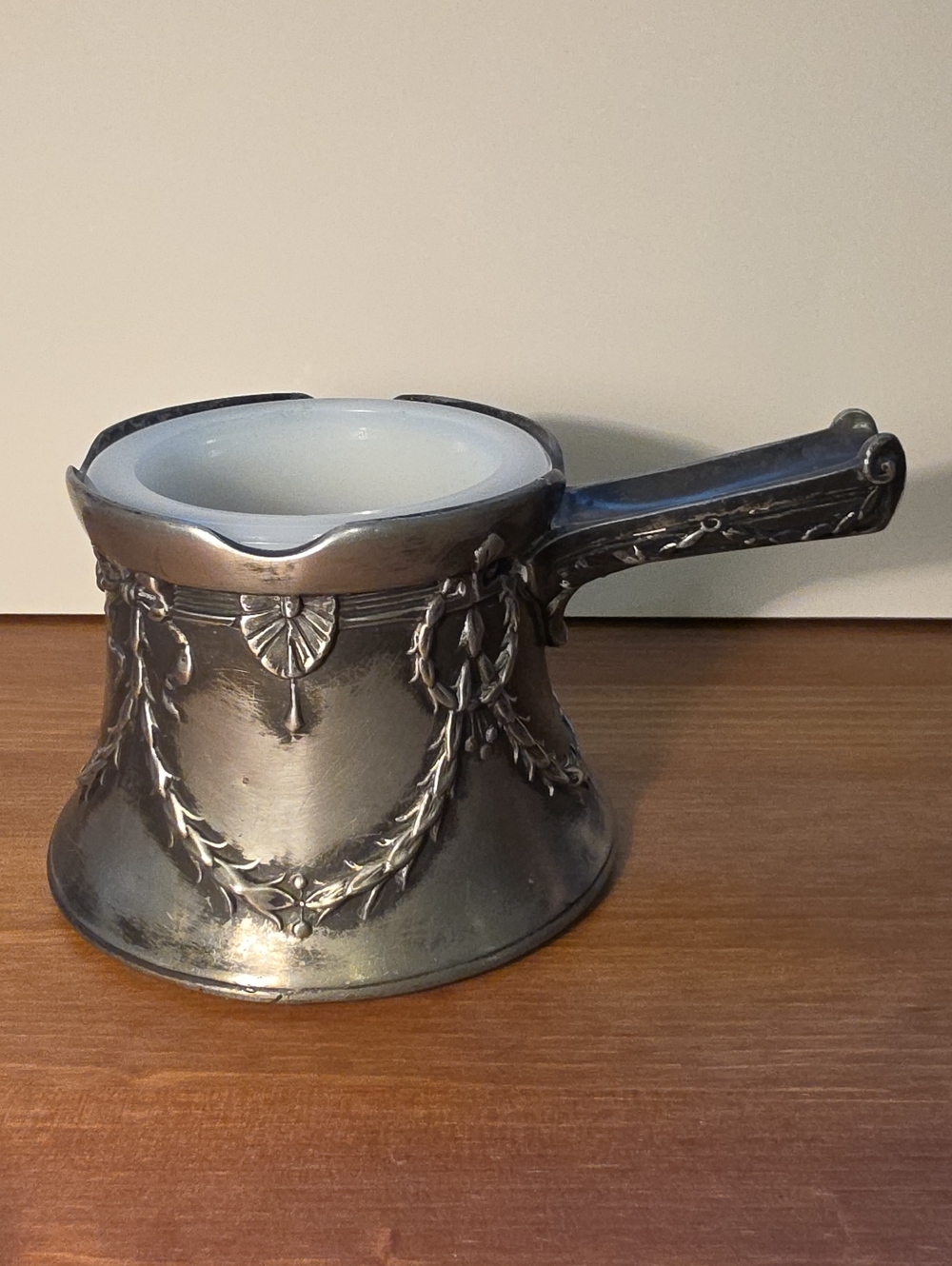 Antique Quadruple Plated Silver Plated Shaving Pot w/ Milk Glass Insert